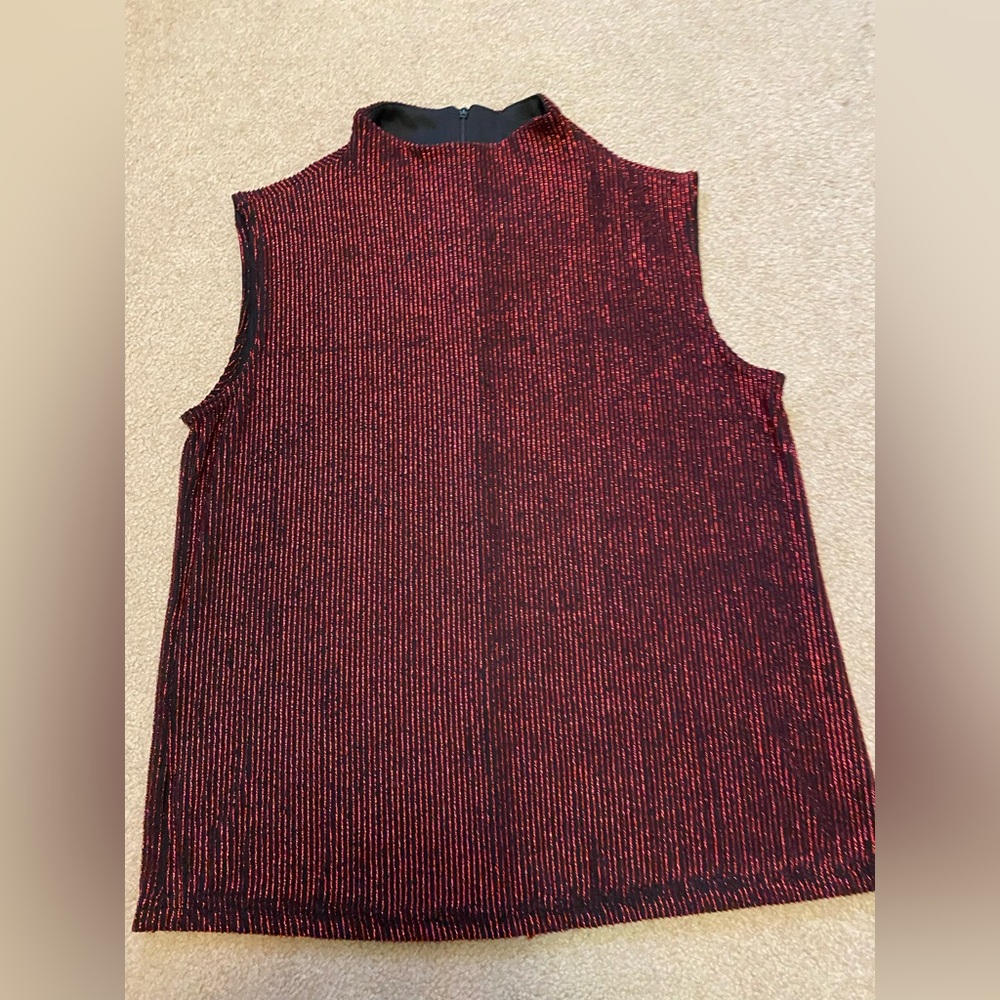 Impressions Red and Black Boxy Blouse with Mandarin Collar